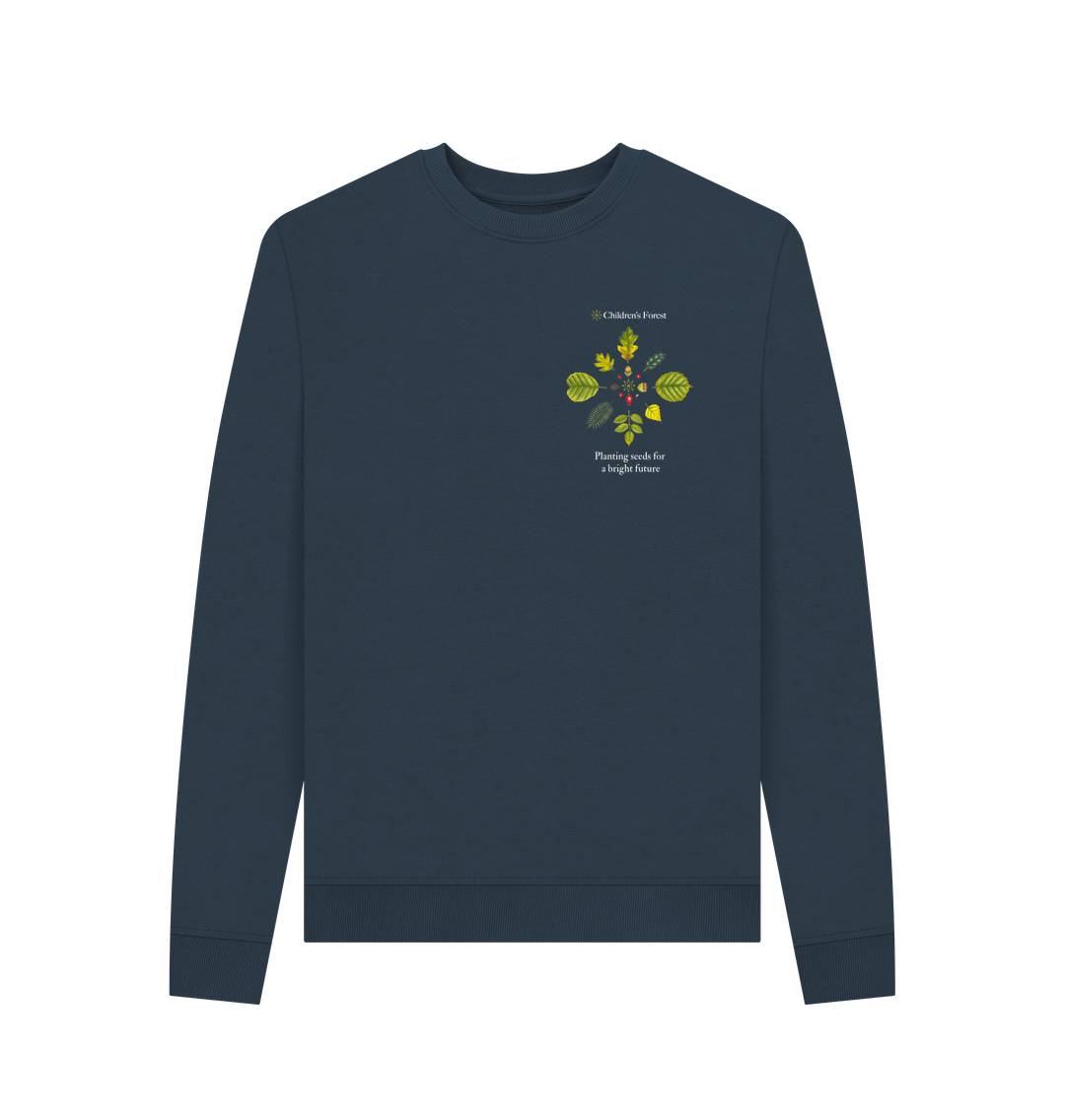 Navy Blue Women's Organic Crew Neck Sweater with Tree Mandala